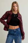 Long Sleeve Waist Tie Vegan Leather Jacket Burgundy