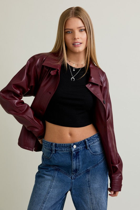 Long Sleeve Waist Tie Vegan Leather Jacket Burgundy