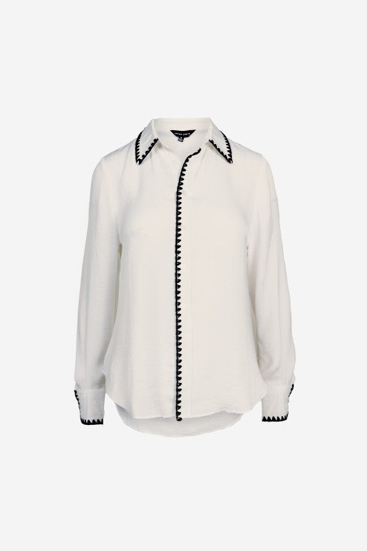 Long Sleeve Button Down Contrast Stitch Satin Top White