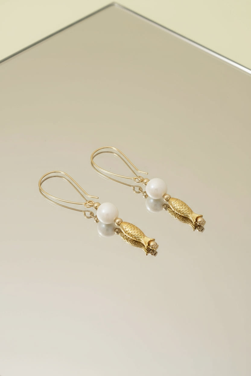 Fish And Bead Drop Earrings Gold