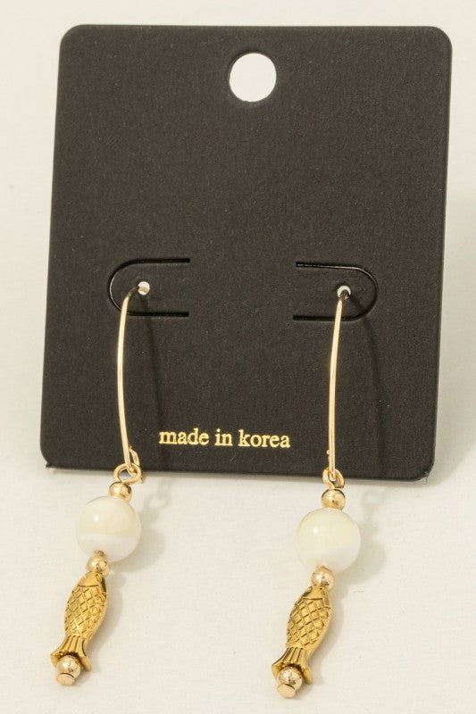 Fish And Bead Drop Earrings Gold