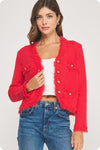 Long Sleeve Button Down Frayed Cardigan Red