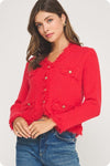 Long Sleeve Button Down Frayed Cardigan Red