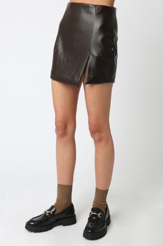 High Waist Faux Leather Mini Skirt Brown