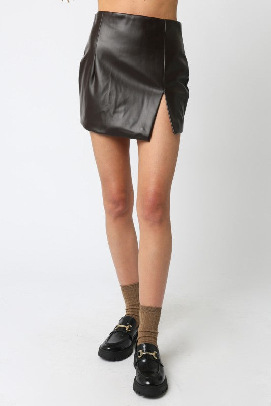 High Waist Faux Leather Mini Skirt Brown