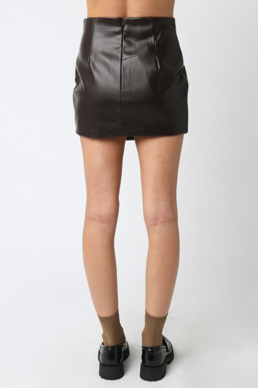 High Waist Faux Leather Mini Skirt Brown