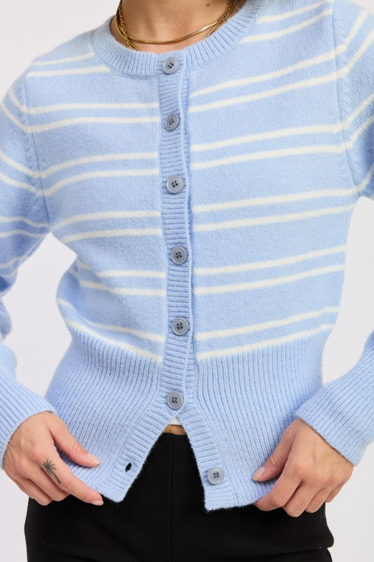 Long Sleeve Button Down Stripe Print Knit Cardigan Blue