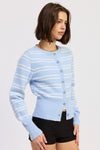 Long Sleeve Button Down Stripe Print Knit Cardigan Blue