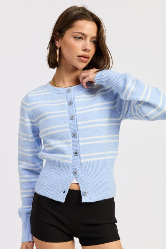 Long Sleeve Button Down Stripe Print Knit Cardigan Blue