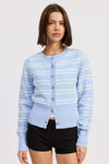 Long Sleeve Button Down Stripe Print Knit Cardigan Blue