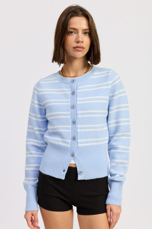 Long Sleeve Button Down Stripe Print Knit Cardigan Blue