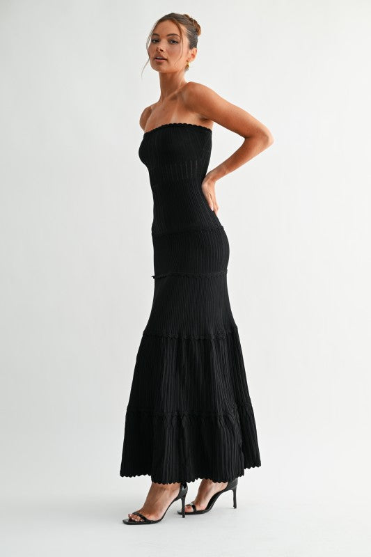Sleeveless Pleated Knit Maxi Dress Black
