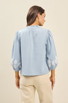  3/4 Sleeve Button Down Floral Embroidered Top Blue