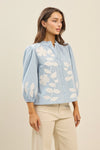  3/4 Sleeve Button Down Floral Embroidered Top Blue