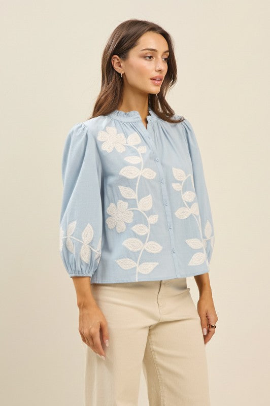  3/4 Sleeve Button Down Floral Embroidered Top Blue