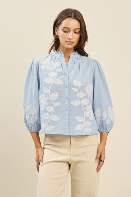  3/4 Sleeve Button Down Floral Embroidered Top Blue