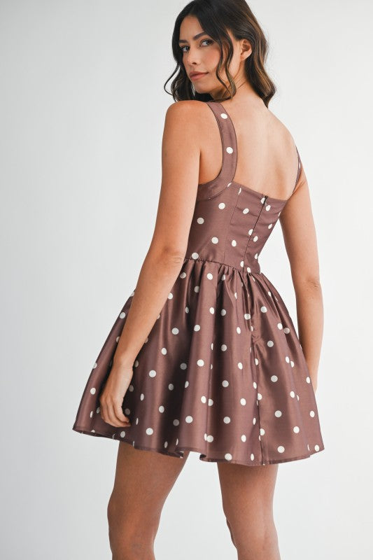 Sleeveless Polka Dot Print Mini Dress Brown