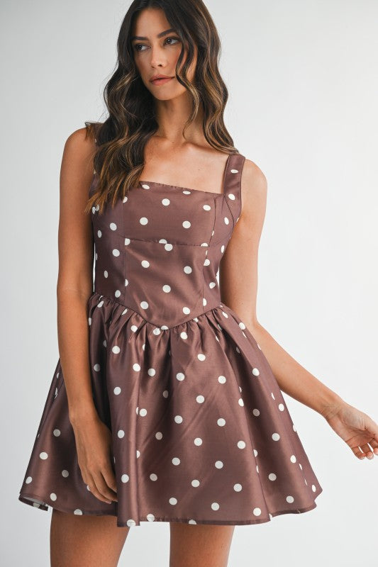 Sleeveless Polka Dot Print Mini Dress Brown