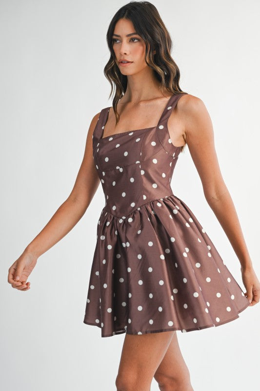 Sleeveless Polka Dot Print Mini Dress Brown