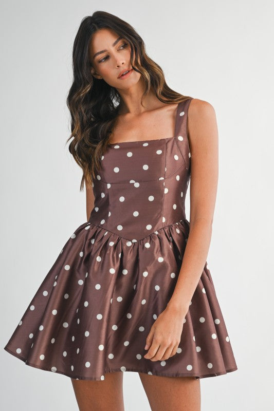 Sleeveless Polka Dot Print Mini Dress Brown