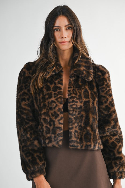 Long Sleeve Faux Fur Leopard Print Crop Jacket Brown