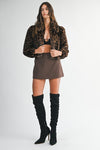 Long Sleeve Faux Fur Leopard Print Crop Jacket Brown