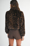 Long Sleeve Faux Fur Leopard Print Crop Jacket Brown
