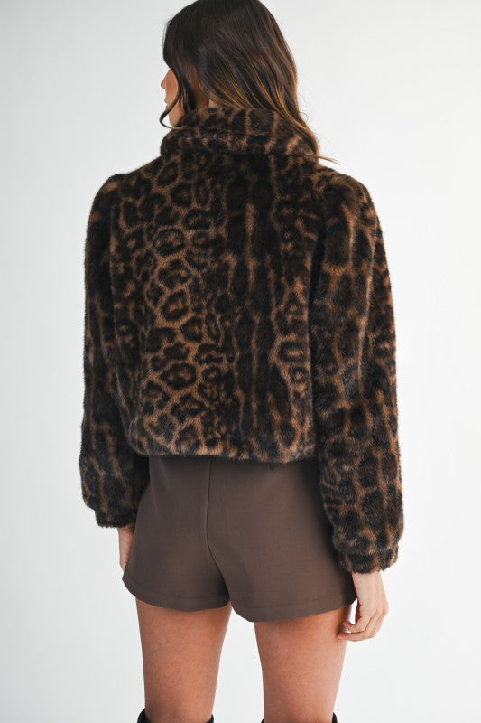 Long Sleeve Faux Fur Leopard Print Crop Jacket Brown