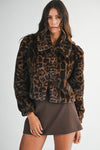 Long Sleeve Faux Fur Leopard Print Crop Jacket Brown