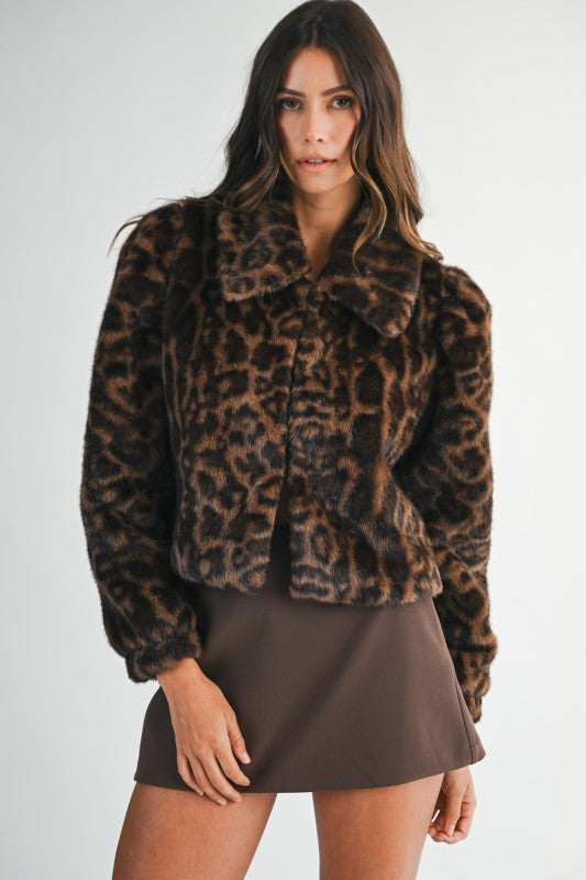 Long Sleeve Faux Fur Leopard Print Crop Jacket Brown