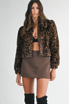 Long Sleeve Faux Fur Leopard Print Crop Jacket Brown
