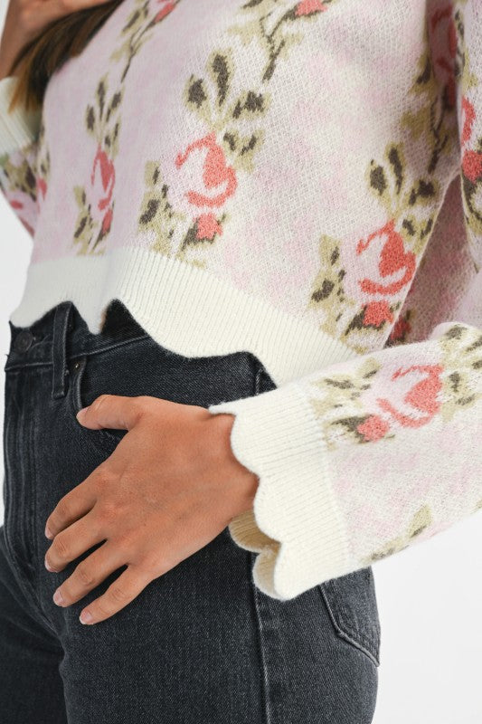 Long Sleeve Floral Embroidered Sweater Pink