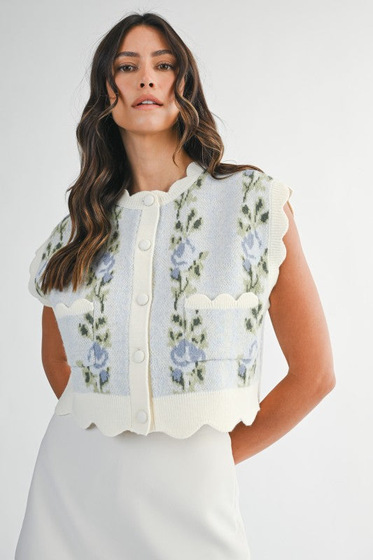 Sleeveless Floral Embroidered Sweater Vest Blue