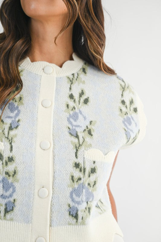 Sleeveless Floral Embroidered Sweater Vest Blue