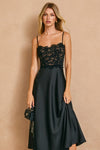 Sleeveless Lace Bodice Satin Midi Dress Black