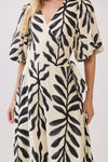 Short Bubble Sleeve Palm Print Wrap Maxi Dress Black