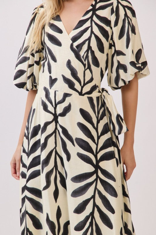 Short Bubble Sleeve Palm Print Wrap Maxi Dress Black