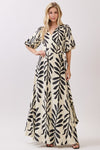 Short Bubble Sleeve Palm Print Wrap Maxi Dress Black