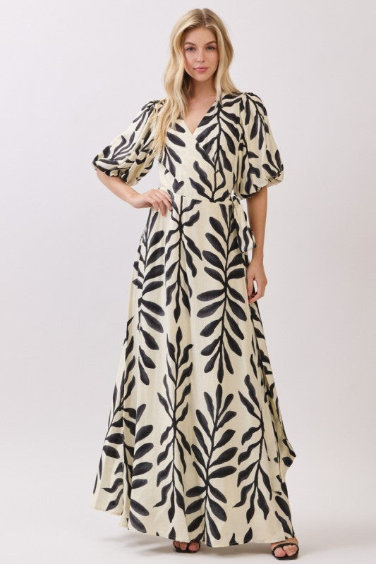 Short Bubble Sleeve Palm Print Wrap Maxi Dress Black