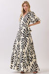 Short Bubble Sleeve Palm Print Wrap Maxi Dress Black