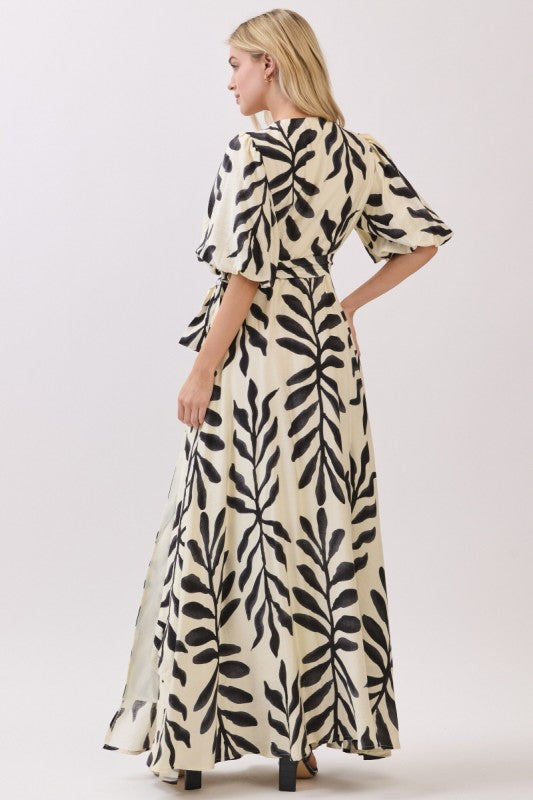 Short Bubble Sleeve Palm Print Wrap Maxi Dress Black