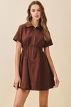 Francesca Short Sleeve Pleated Zip Up Mini Dress Mocha