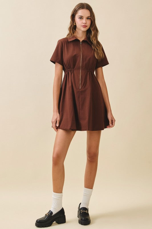 Francesca Short Sleeve Pleated Zip Up Mini Dress Mocha