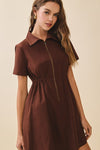 Francesca Short Sleeve Pleated Zip Up Mini Dress Mocha