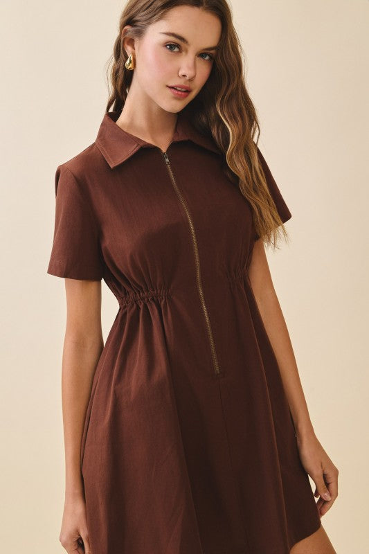 Francesca Short Sleeve Pleated Zip Up Mini Dress Mocha