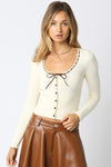 Long Sleeve Button Down Ribbon Knit Top Cream