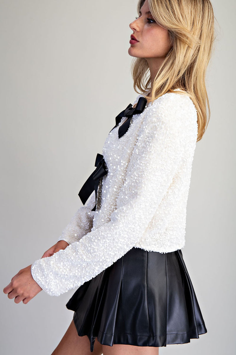 Primrose Long Sleeve Sequined Bow Tie Jacket White