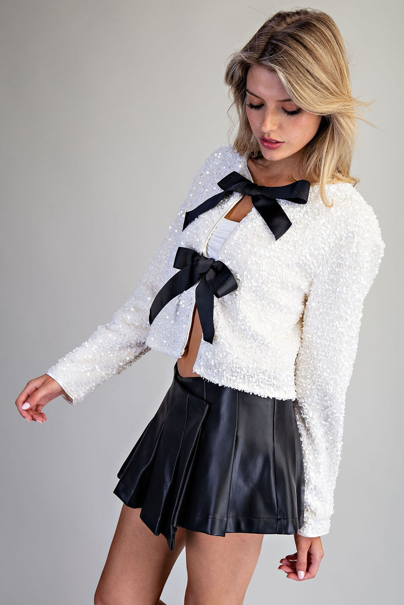 Primrose Long Sleeve Sequined Bow Tie Jacket White