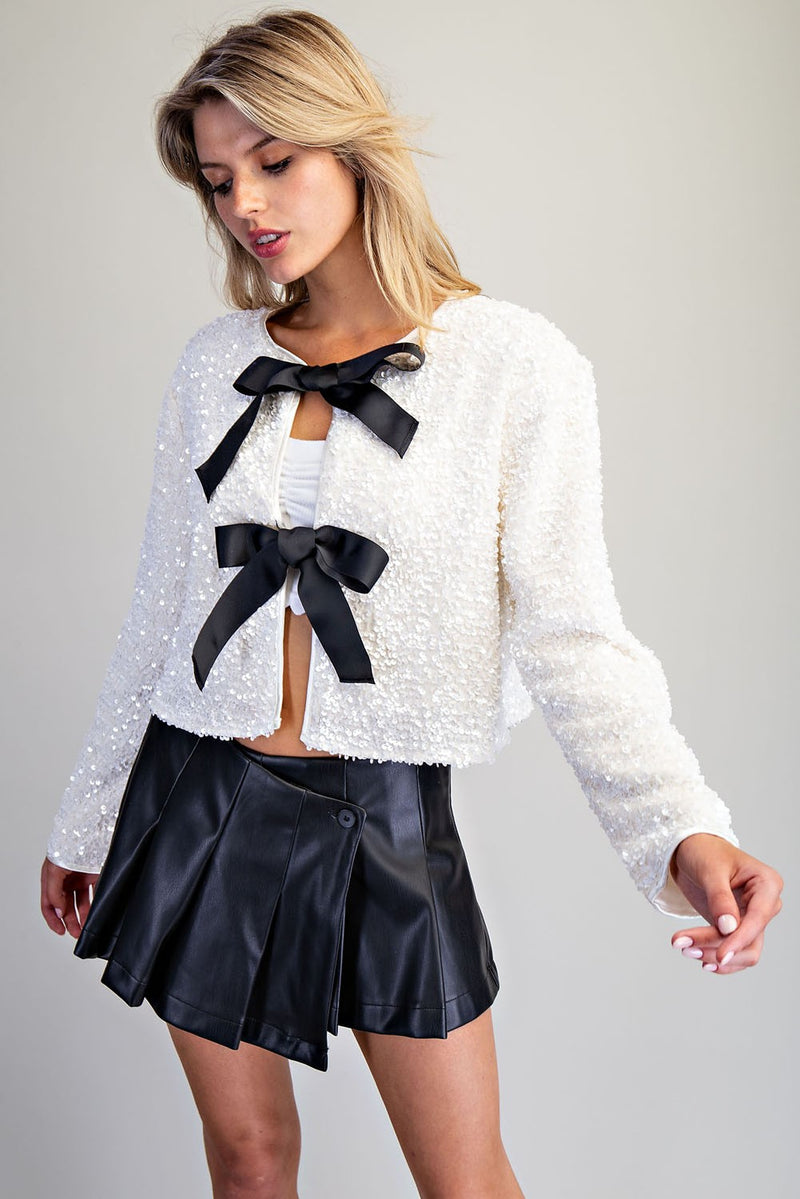 Primrose Long Sleeve Sequined Bow Tie Jacket White