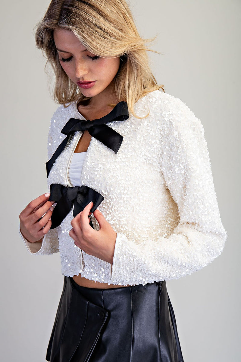 Primrose Long Sleeve Sequined Bow Tie Jacket White